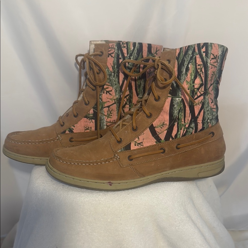 Brown and Pink Lace Up Boots with Suede Finish